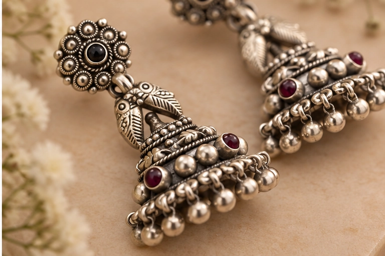 Beaded Fringe Jhumka Earrings - Image 4