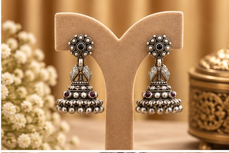 Beaded Fringe Jhumka Earrings - Image 3