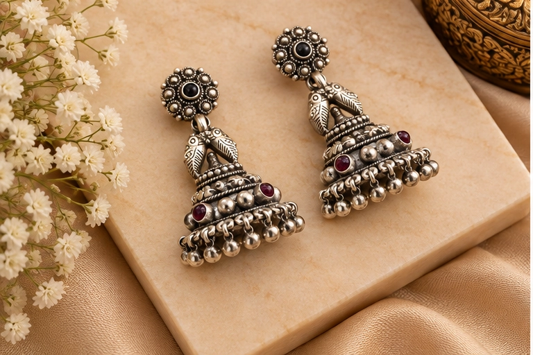 Beaded Fringe Jhumka Earrings - Image 2