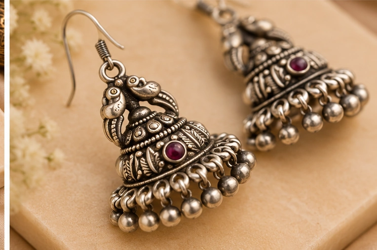 Temple Pattern Jhumka Earrings - Image 4