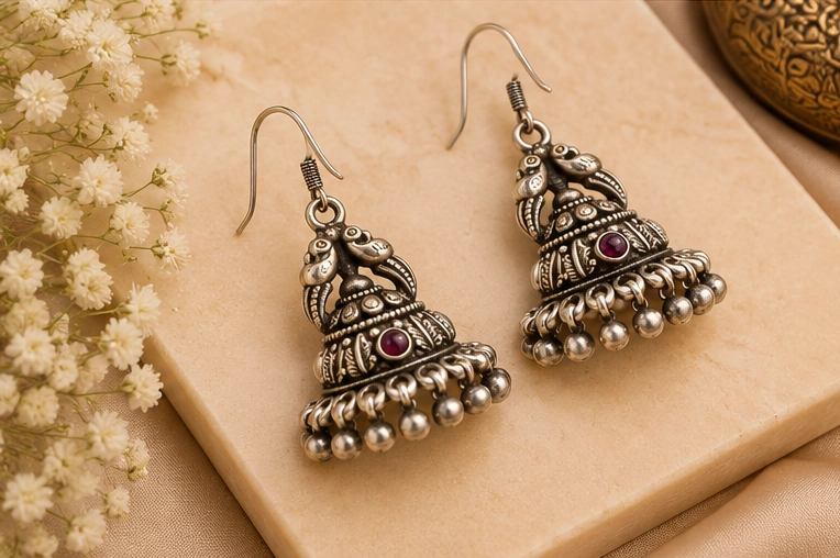 Temple Pattern Jhumka Earrings - Image 2