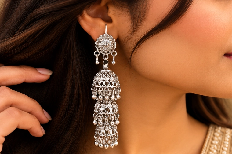 Three-Step Silver Layered Jhumka