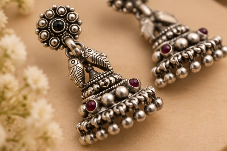 Oxidized Silver Peacock Stud Jhumka - Image 4