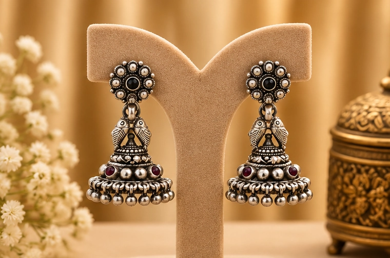 Oxidized Silver Peacock Stud Jhumka - Image 3