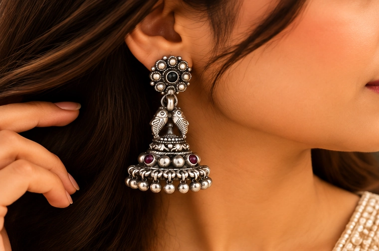 Oxidized Silver Peacock Stud Jhumka