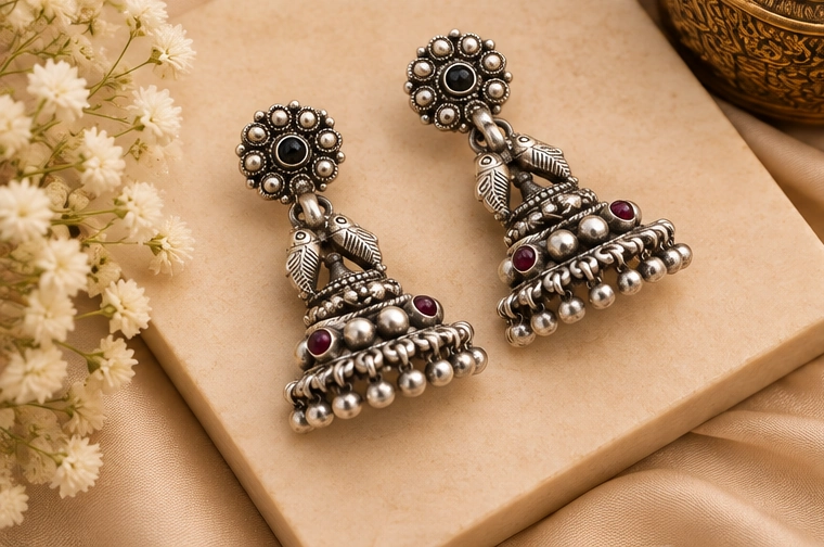 Oxidized Silver Peacock Stud Jhumka - Image 2